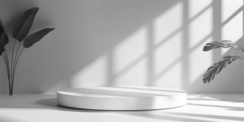 Poster - White round podium in an interior space with shadows cast from a window Realistic abstract setting for showcasing fashion items Modern minimalist 3D render