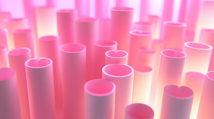Poster - Pink cylinders with a pink heart design background 3D Illustration