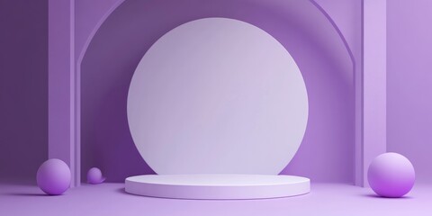 Poster - Geometric shapes on a white podium with a purple backdrop in a simple 3D render illustration