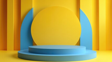 Poster - Blue podium against a yellow abstract backdrop 3D render graphic design