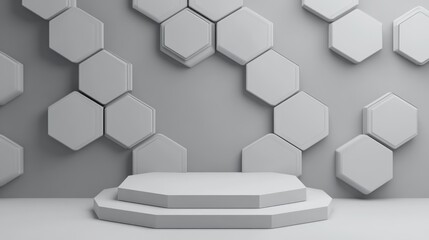 Poster - Creative ideas Abstract background featuring modern futuristic geometric shapes with a podium for a hexagonal banner in gray Blank space digital banner website 3D rendering