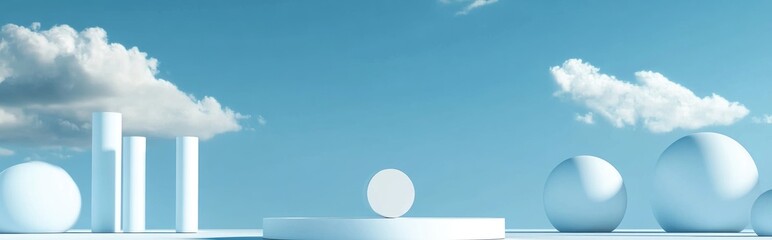 Fototapete - Sky blue 3D background featuring geometric shapes and a podium on the floor Platforms designed for product presentation with a white product set against a backdrop Abstract composition mockup