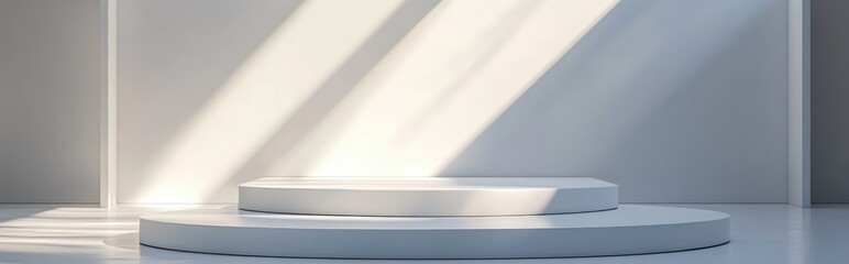Poster - Podium platform illuminated by natural light against a white background for showcasing products Empty podium design 3D rendering