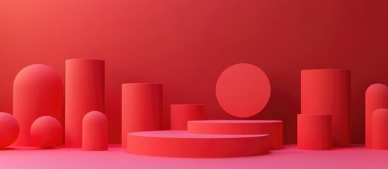 Poster - Abstract minimal red geometric shape background display mockup for podium presentation 3D rendering