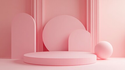 Poster - Empty podium featuring geometric shapes in a pink pastel composition for a modern stage display and minimalist mockup serving as an abstract showcase background 3D illustration concept or 3D rende