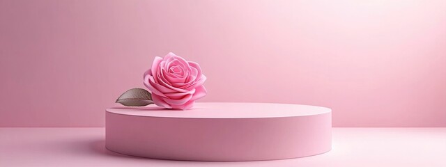 Poster - Minimalist geometric pedestal for product display featuring a rose design Blank stage with a pink backdrop Empty mockup template in a cylindrical shape 3D render illustration