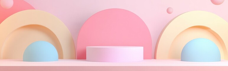 Poster - Product podium on a pastel background featuring 3D elements Abstract minimal geometric design Theme for studio display platform Exhibition and marketing presentation stage 3D rendering
