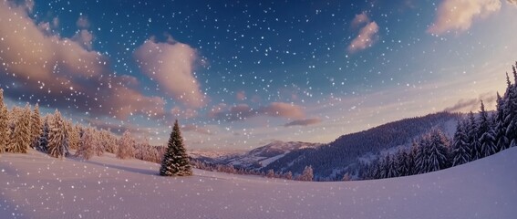 Wall Mural - Snow-covered tree in winter landscape late at night