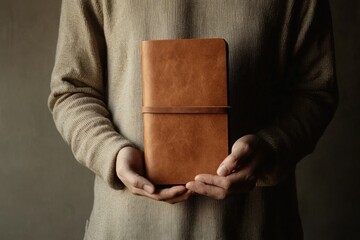 A person holding a premium leather notebook in a minimalist studio, showcasing the notebookâ€™s quality, craftsmanship, and elegant design. 