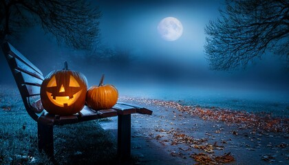 A spooky Halloween scene featuring two pumpkins, one carved as a jack-o'-lantern, placed on a park bench at night. The background shows a foggy, dimly lit park with fallen leaves.