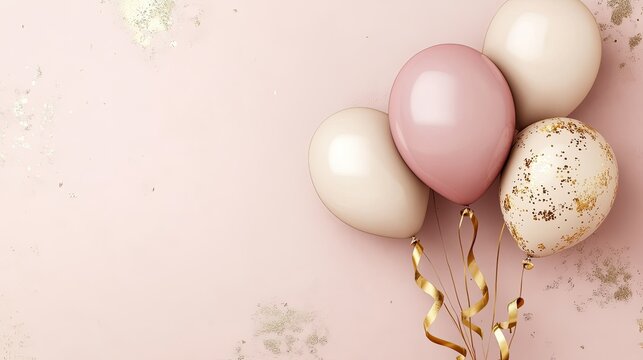 Stylish birthday card with 3D balloons in pastel shades, accented by a gold ribbon and set on a luxurious pink background. Realistic and elegant design.