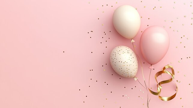 Stylish birthday card with 3D balloons in pastel shades, accented by a gold ribbon and set on a luxurious pink background. Realistic and elegant design.