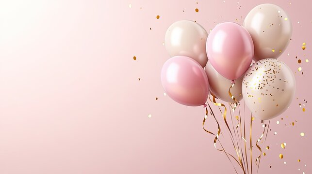 Stylish birthday card with 3D balloons in pastel shades, accented by a gold ribbon and set on a luxurious pink background. Realistic and elegant design.