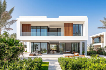 Wall Mural - A contemporary house in Dubai, with glass and concrete walls and modern architecture, surrounded by lush greenery, overlooking the sea