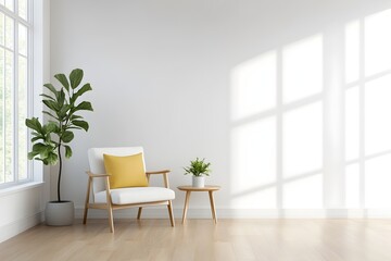 Wall Mural - Bright and Airy Minimalist Interior with White Chair Yellow Pillow and Potted Plant   Cozy and Functional Living or Workspace Design