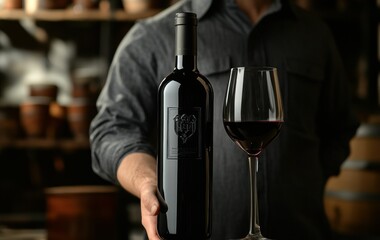 a person holding a premium wine bottle and glass in a stylish studio, showcasing the wineâ€™s elegan