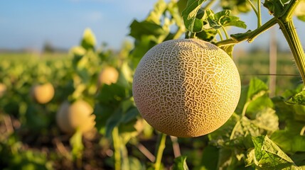 94. **A close-up of a ripe melon on the vine in a field.