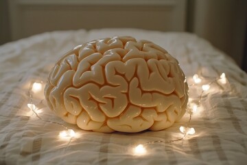 Poster - A brain illuminated in warm golden light on a bed symbolizing the serenity of rest the importance of sleep and the peaceful regeneration of the mind