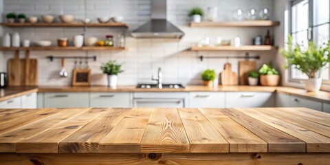 Poster - Empty top wooden table with blurred kitchen interior background for product display