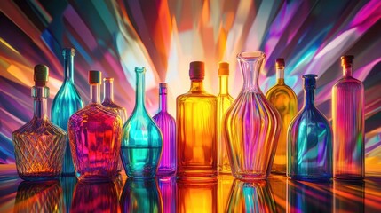 Wall Mural - Various shapes of glass bottles in vibrant colors, displayed in an abstract composition with a dynamic futuristic background