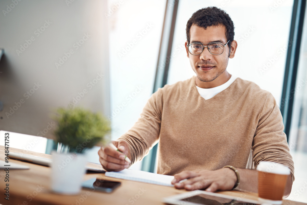 Businessman, computer and portrait for writing notes, planning and drawing sketch with glasses. Graphic designer, technology and design in office for digital agency, project and website with pen