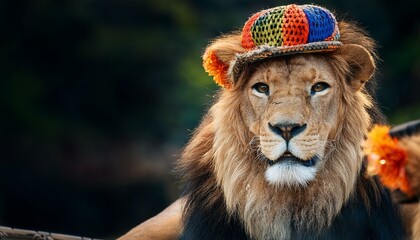 Close-up of lions with mismatched accessories and joyful expressions.