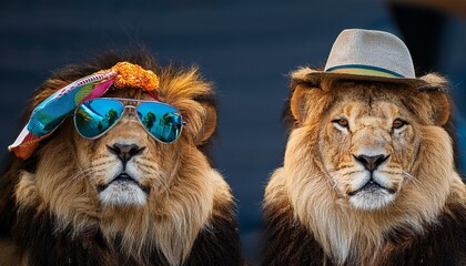 Close-up of lions with mismatched accessories and joyful expressions.