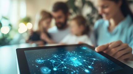 Poster - A digital representation of insurance coverage details on a tablet, with a family in the background.