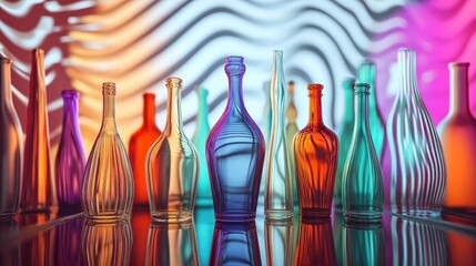 Wall Mural - Vibrant glass bottles in unique shapes, arranged in an abstract pattern with a dynamic futuristic background