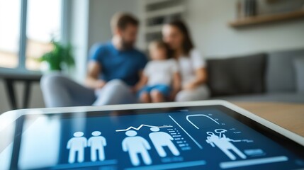Poster - A digital representation of insurance coverage details on a tablet, with a family in the background.