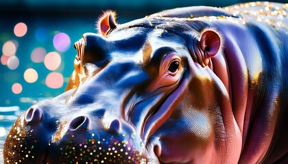 Close-up of charismatic hippo with sequins, for magazine covers.