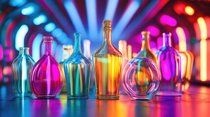 Wall Mural - Vibrant glass bottles in various shapes, arranged in an abstract composition against a dynamic futuristic background