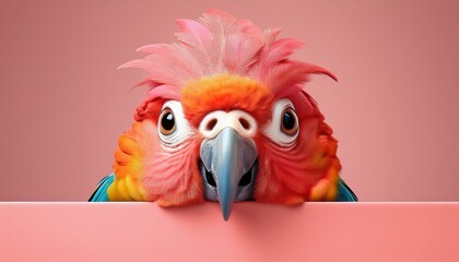 Colorful parrot peeking over pastel pink banner with a curious expression.