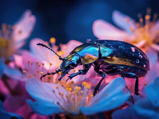 Canvas Print - A close-up of a shiny iridescent beetle perched on a delicate pink flower, with a blurred background of other blossoms, creating a sense of beauty and tranquility.