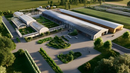 86. **A modern agricultural facility with advanced machinery and greenhouses.