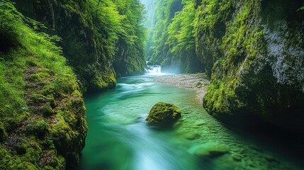 Vintgar Gorge Serenity: A breathtaking view of Vintgar Gorge near Bled, Slovenia, showcasing the crystal-clear Radovna River flowing through lush, green scenery.