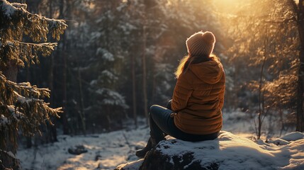 Poster - A woman enjoys a peaceful moment in a snowy forest at sunset, wrapped in a cozy jacket and knitted hat