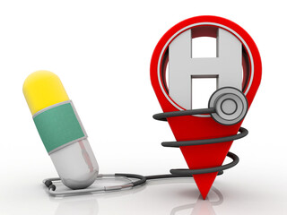 Poster - 3d rendering hospital navigation with Stethoscope connected pill
