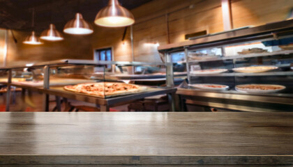 Wooden table top with copy space. Restaurant background
