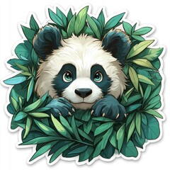 Canvas Print - Cute Panda Bear Hiding in the Green Leaves