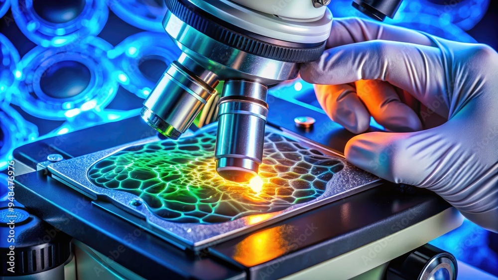 Microscope Pict Illuminated microscope lens focuses on a slides specimen, revealing ...