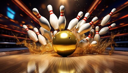 Golden Strike A golden bowling ball crashes into the pins, sending them flying in a dramatic and captivating display of sport and entertainment.