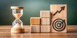 © Man888 - Illustrating business success and marketing goals, rising arrow on wooden blocks forms a growth graph near an hourglass on an eco-friendly brown background with a target icon.