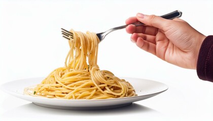 Hand holding fork, eating pasta spaghetti isolated on white background