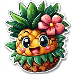 Sticker - Cute Cartoon Pineapple with Flower