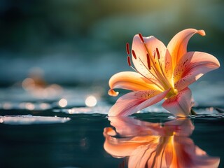 A single, pink lily flower floats on a still, clear pond reflecting sunlight.