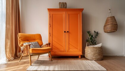 Orange Oasis A vibrant orange armoire stands as a focal point in a cozy living space, accented by a wicker basket, striped throw pillow, and a wooden armchair, creating a warm and inviting atmosphere