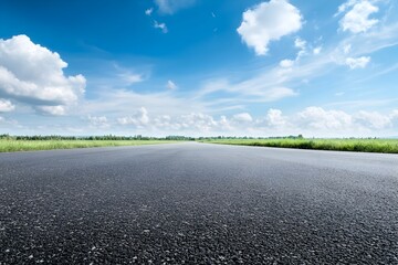 A winding asphalt road stretches across a vast open countryside landscape with a bright blue sky and fluffy white clouds above  The wide angle perspective creates a scene