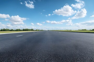 Breathtaking panoramic view of an empty asphalt road cutting through a vast picturesque countryside landscape featuring a lush green field and clear blue sky with wispy clouds