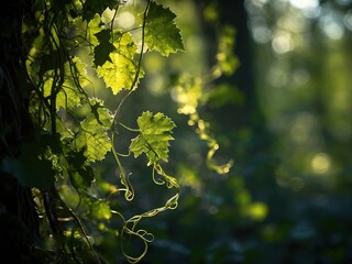 Wall Mural - Sunlit vine leaves with a blurred forest background.